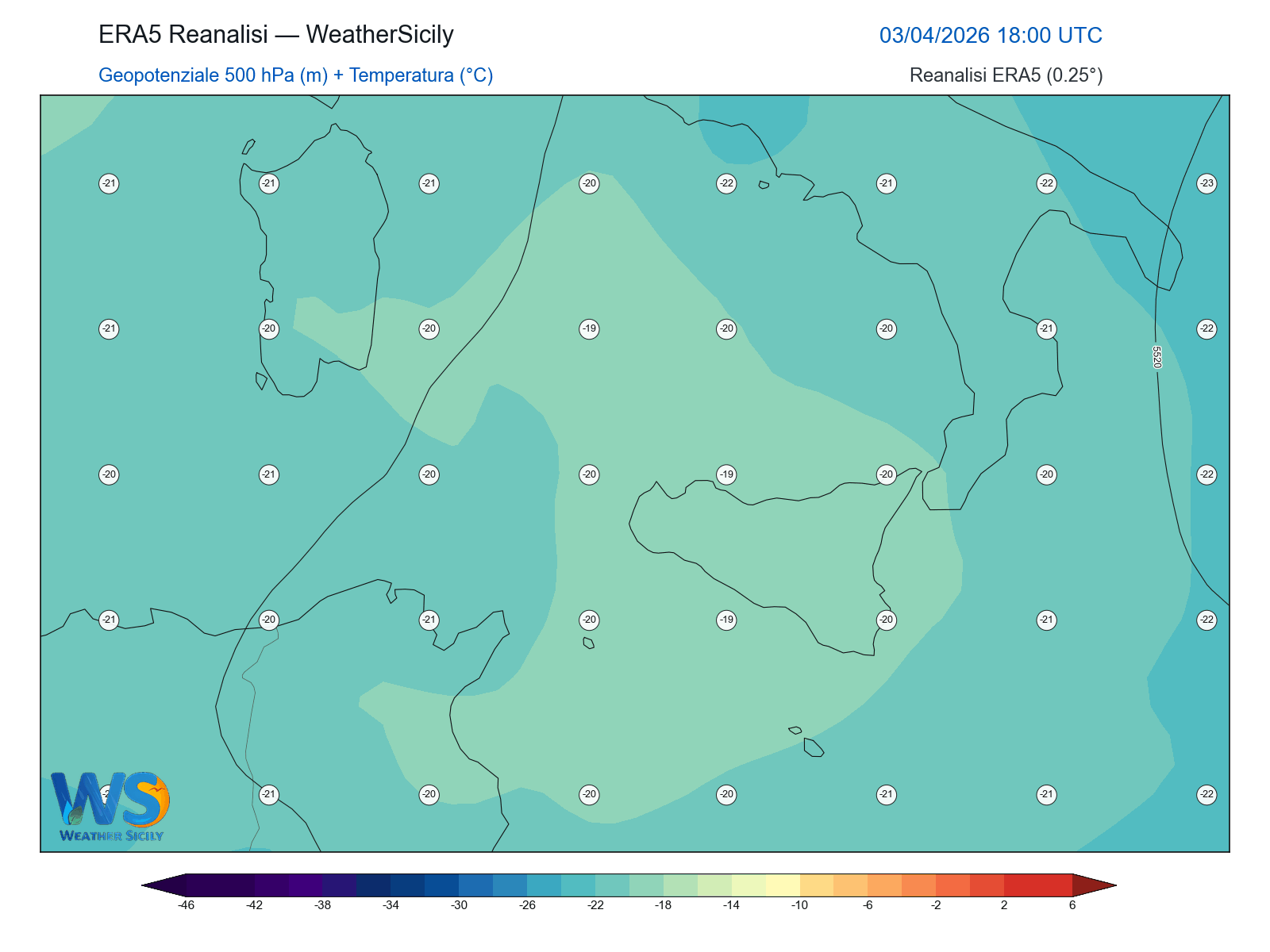 Geopotenziale 500 hPa + Temperatura · 2026040318