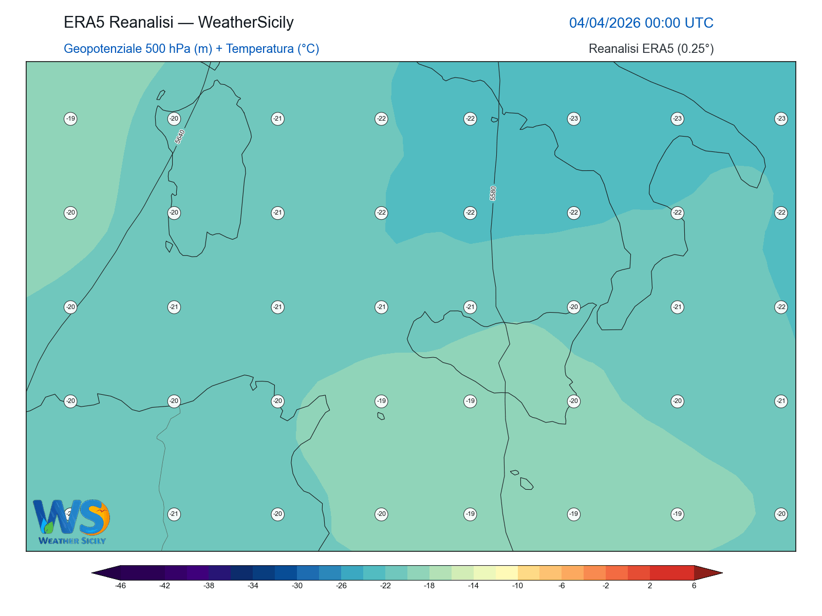 Geopotenziale 500 hPa + Temperatura · 2026040400