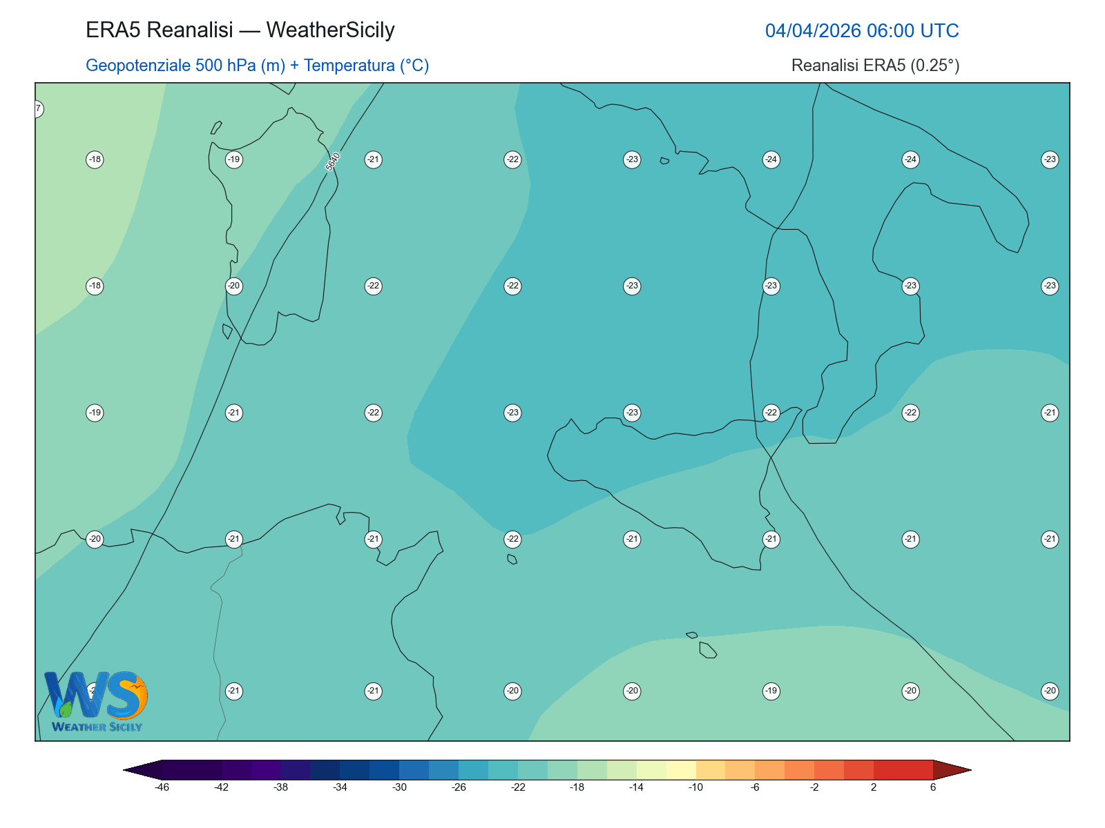 Geopotenziale 500 hPa + Temperatura · 2026040406