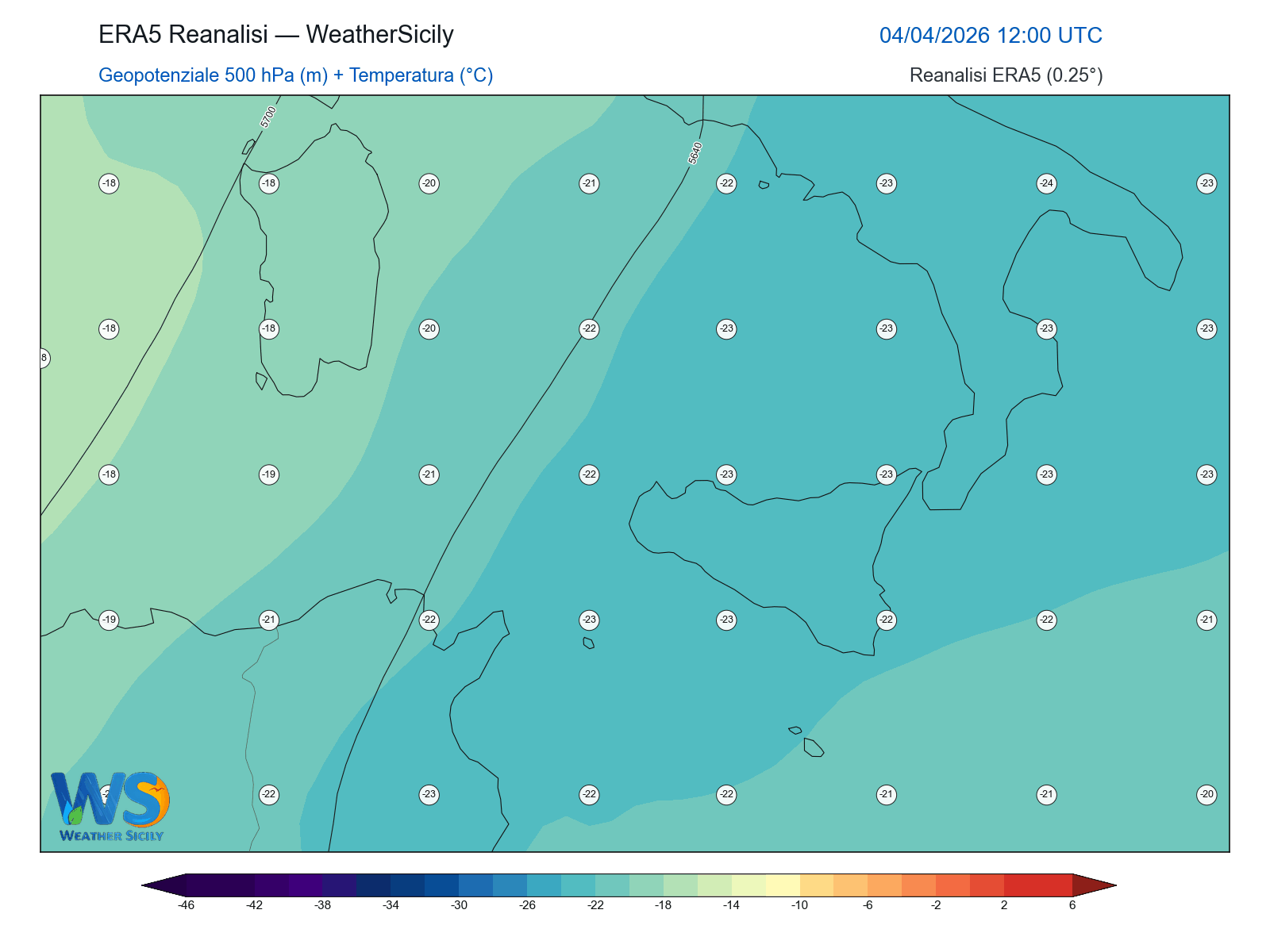 Geopotenziale 500 hPa + Temperatura · 2026040412