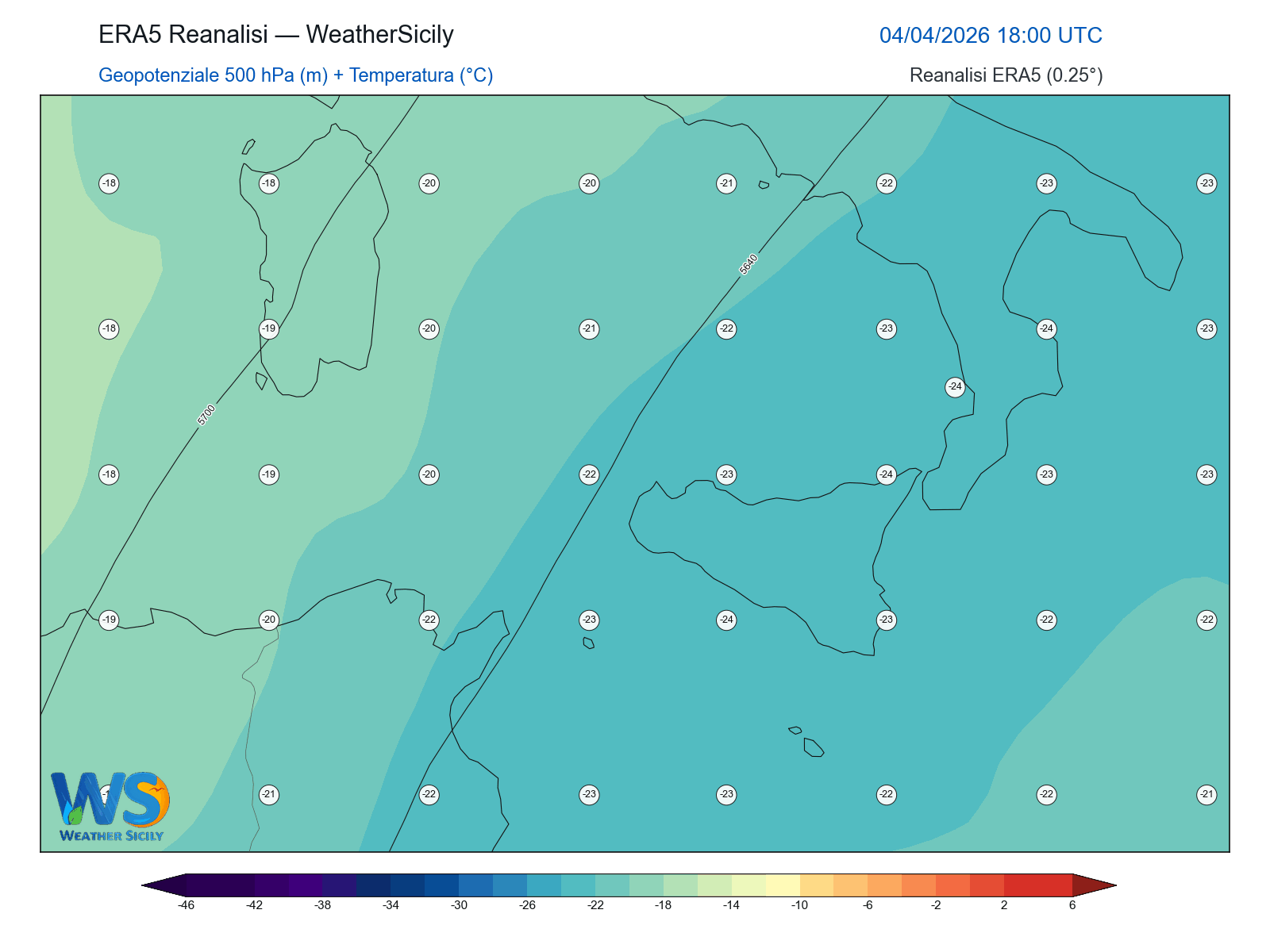Geopotenziale 500 hPa + Temperatura · 2026040418