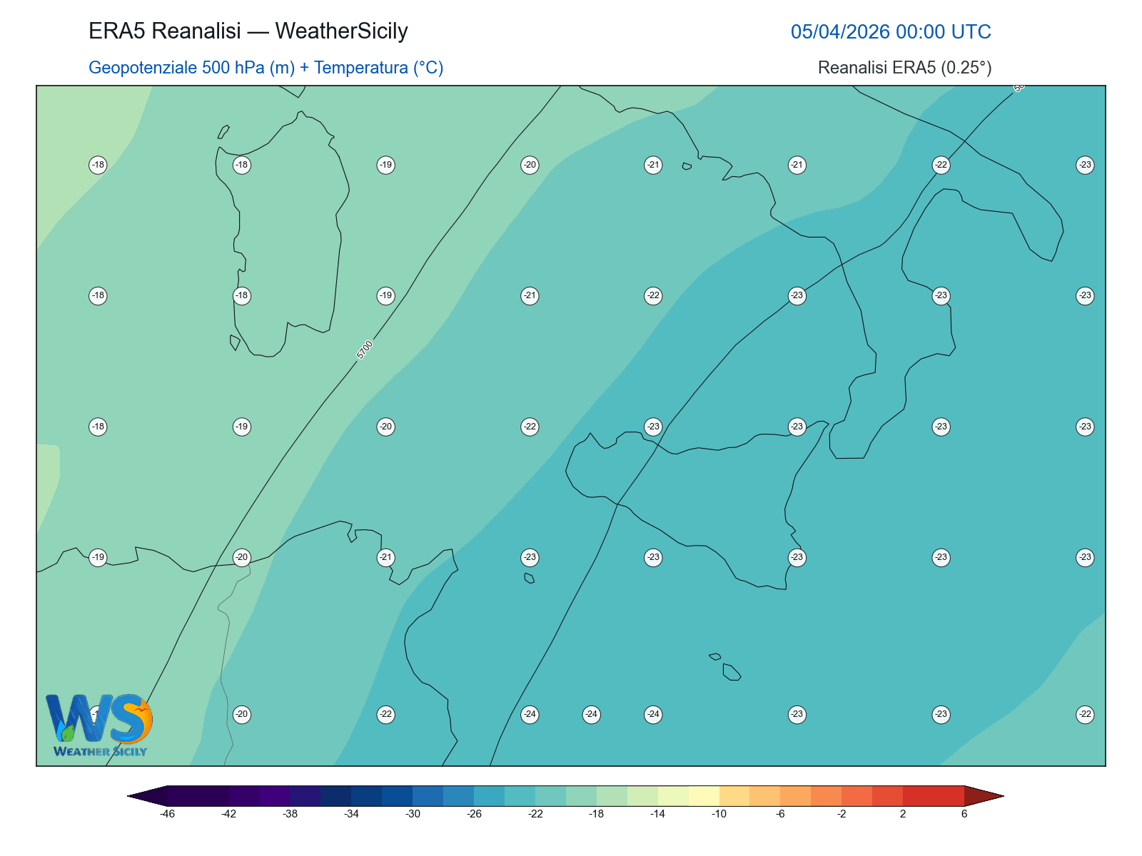 Geopotenziale 500 hPa + Temperatura · 2026040500