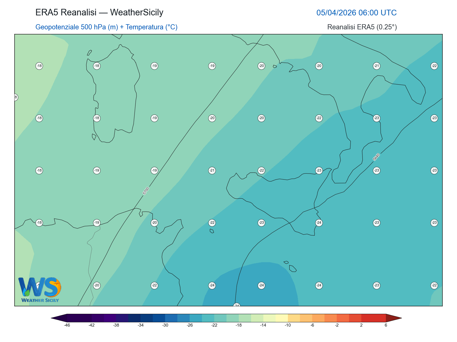 Geopotenziale 500 hPa + Temperatura · 2026040506