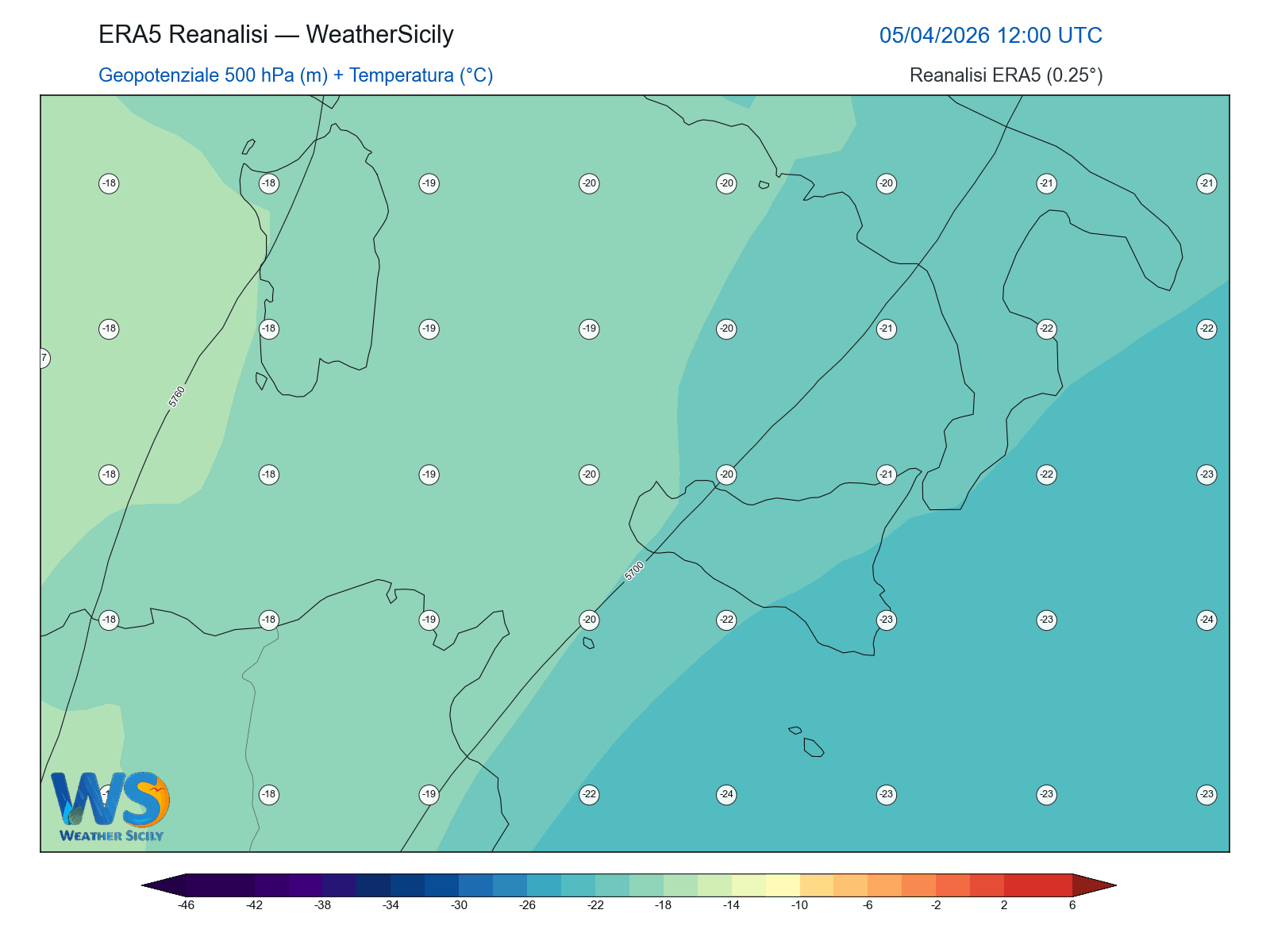 Geopotenziale 500 hPa + Temperatura · 2026040512