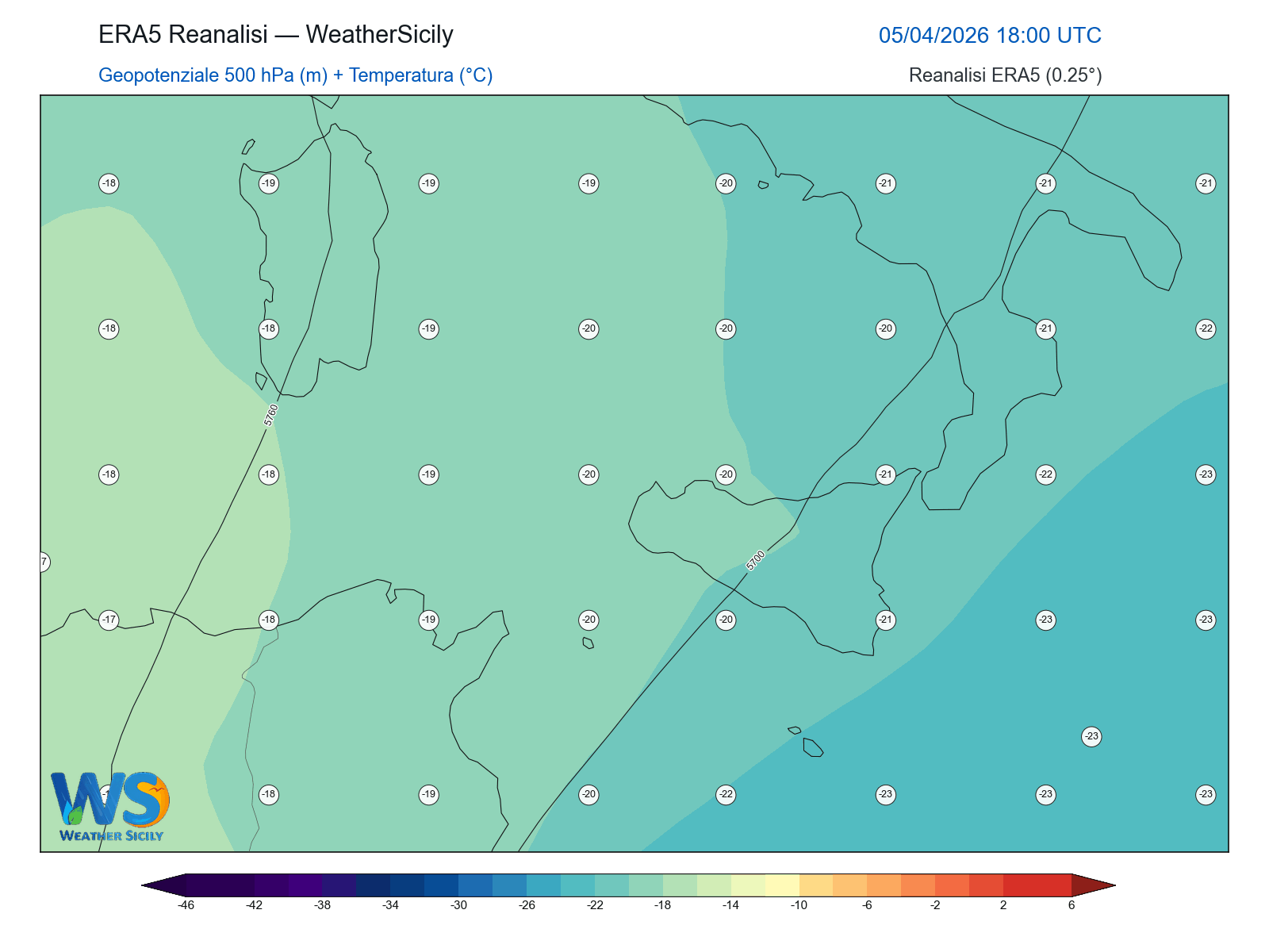 Geopotenziale 500 hPa + Temperatura · 2026040518