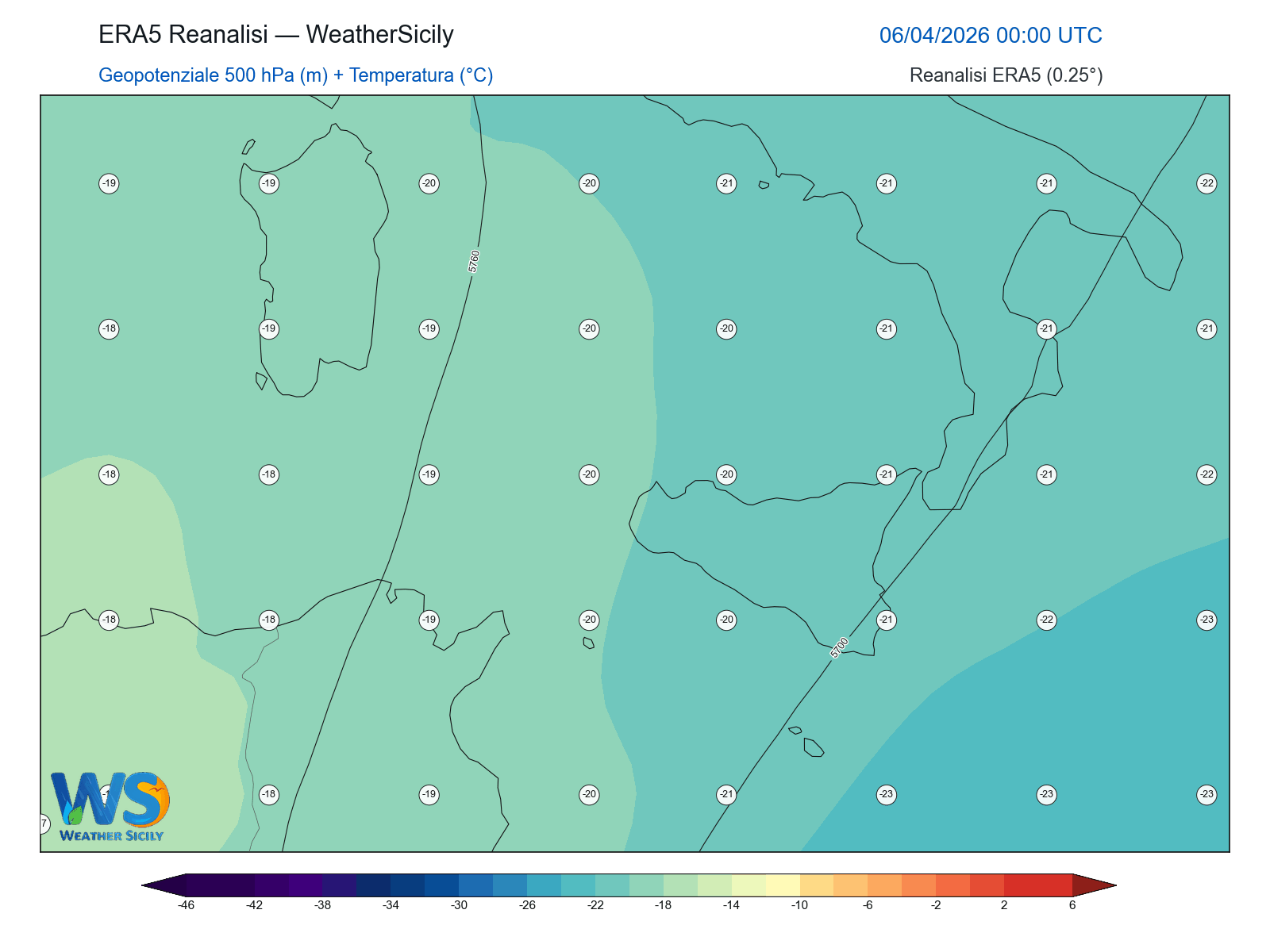 Geopotenziale 500 hPa + Temperatura · 2026040600
