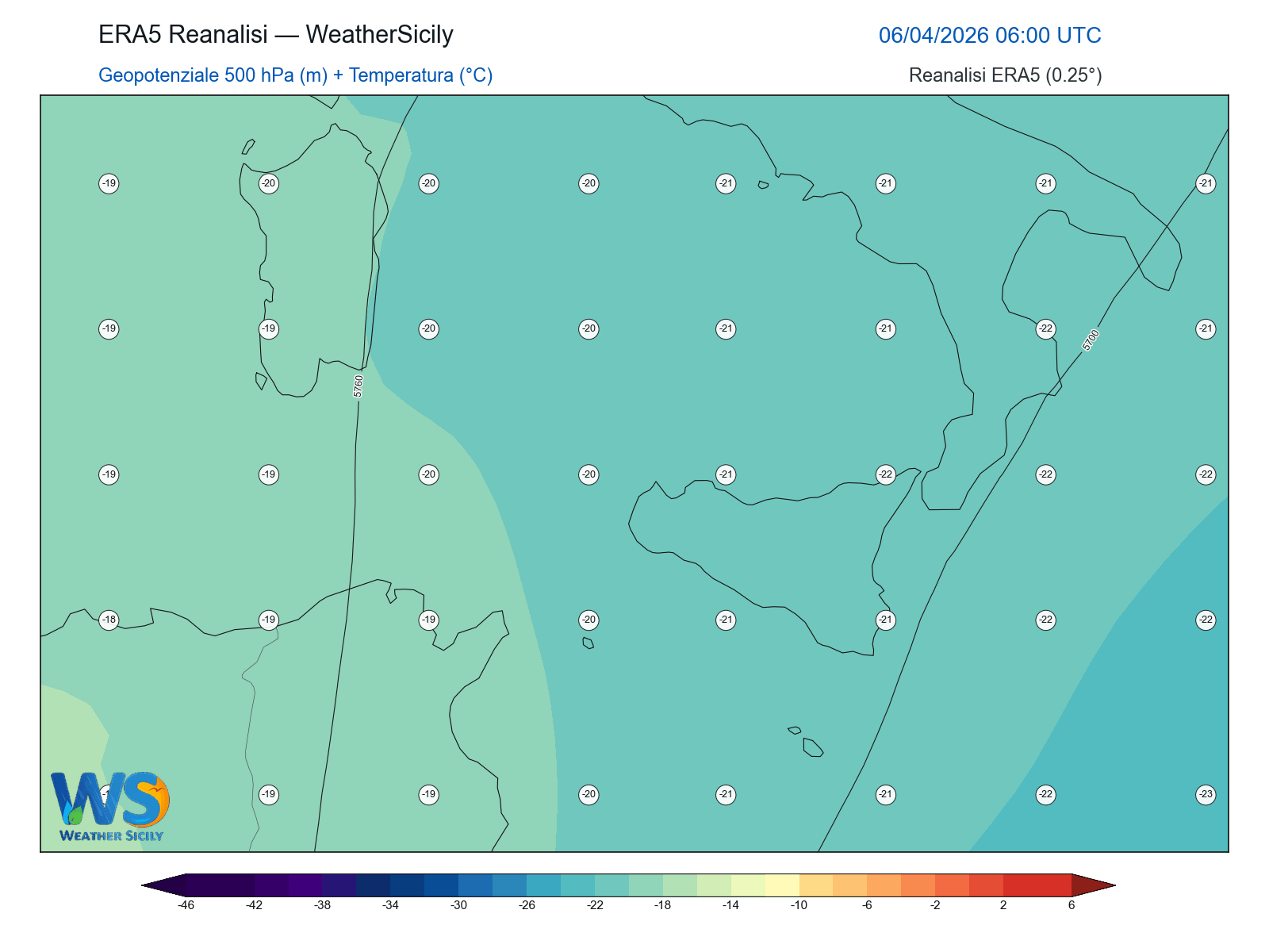 Geopotenziale 500 hPa + Temperatura · 2026040606