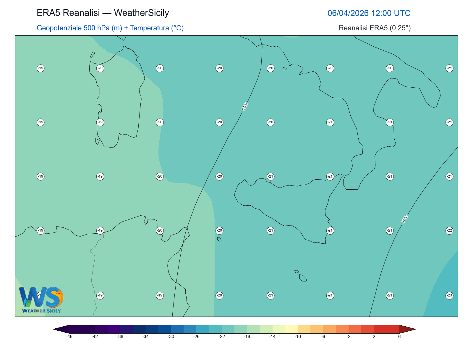 Geopotenziale 500 hPa + Temperatura · 2026040612