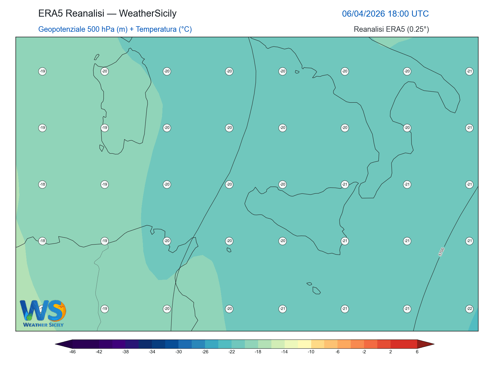 Geopotenziale 500 hPa + Temperatura · 2026040618