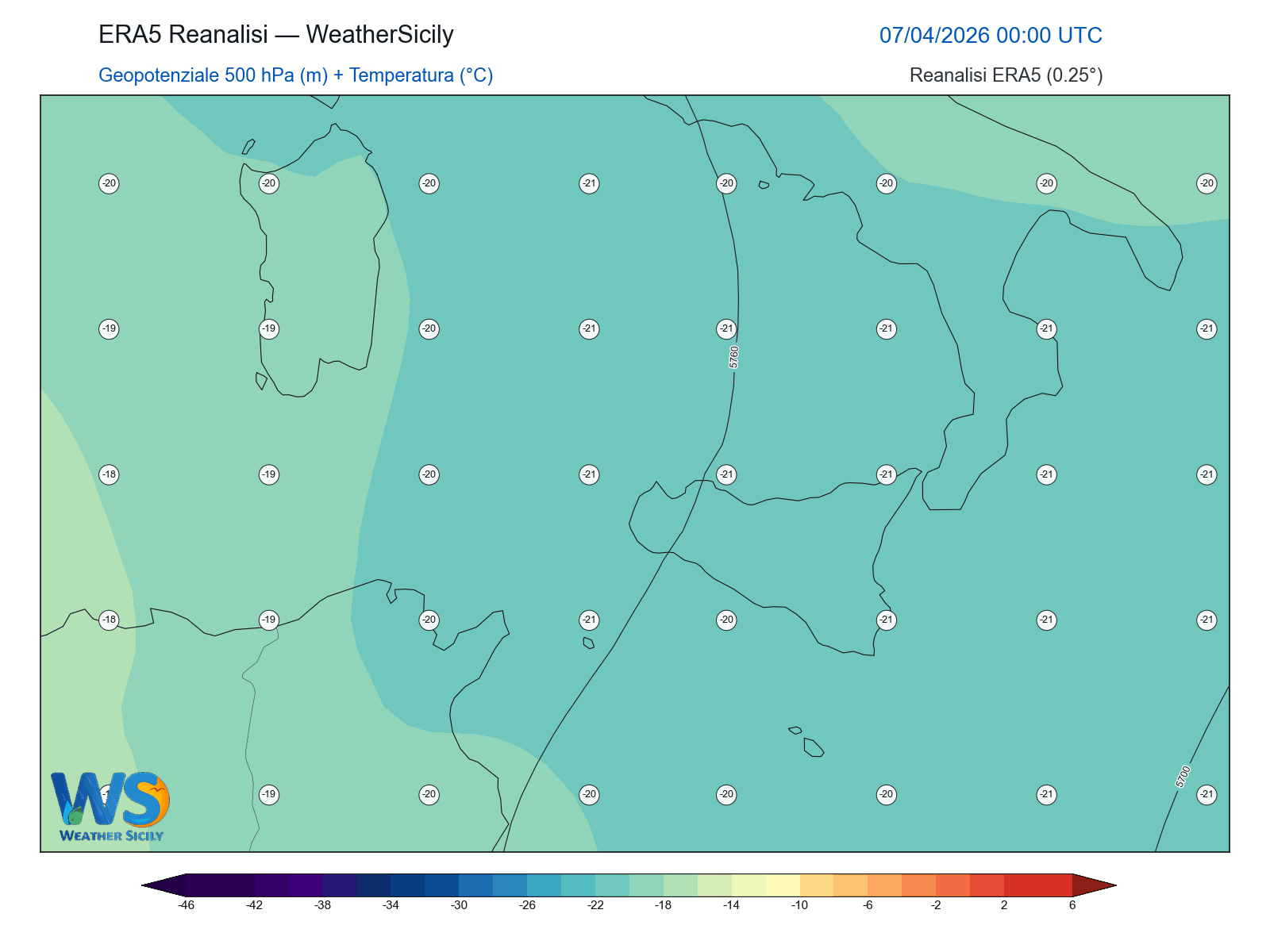 Geopotenziale 500 hPa + Temperatura · 2026040700