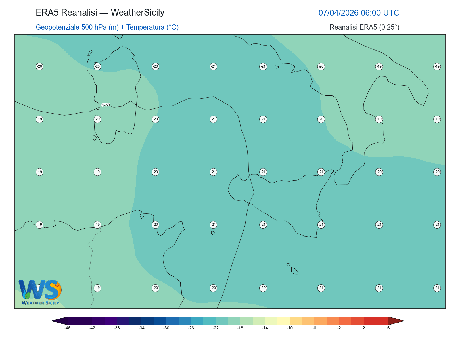Geopotenziale 500 hPa + Temperatura · 2026040706