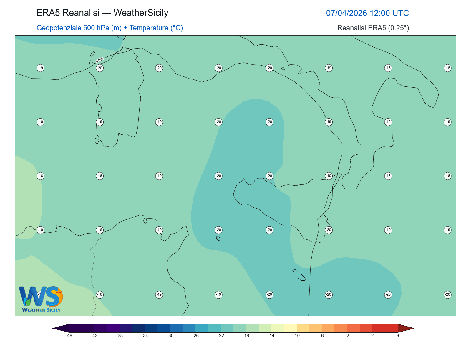 Geopotenziale 500 hPa + Temperatura · 2026040712