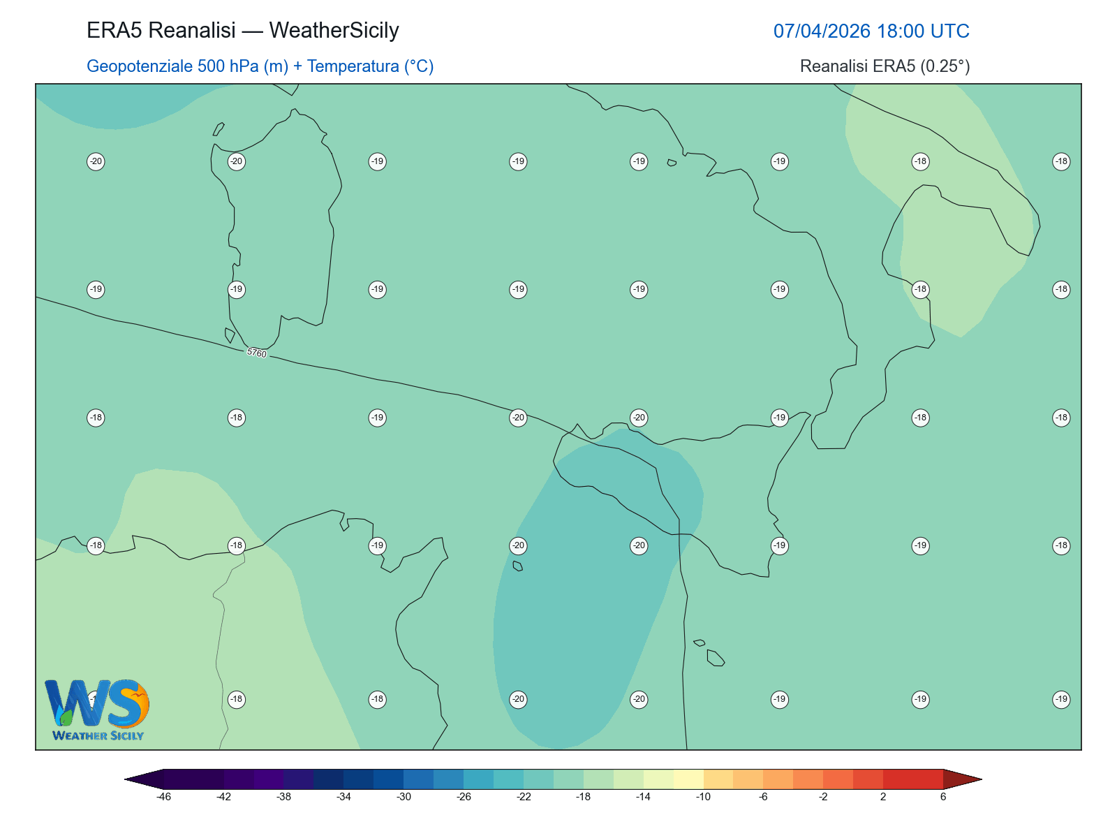Geopotenziale 500 hPa + Temperatura · 2026040718