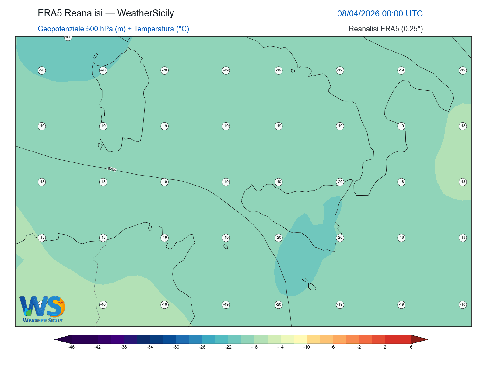 Geopotenziale 500 hPa + Temperatura · 2026040800