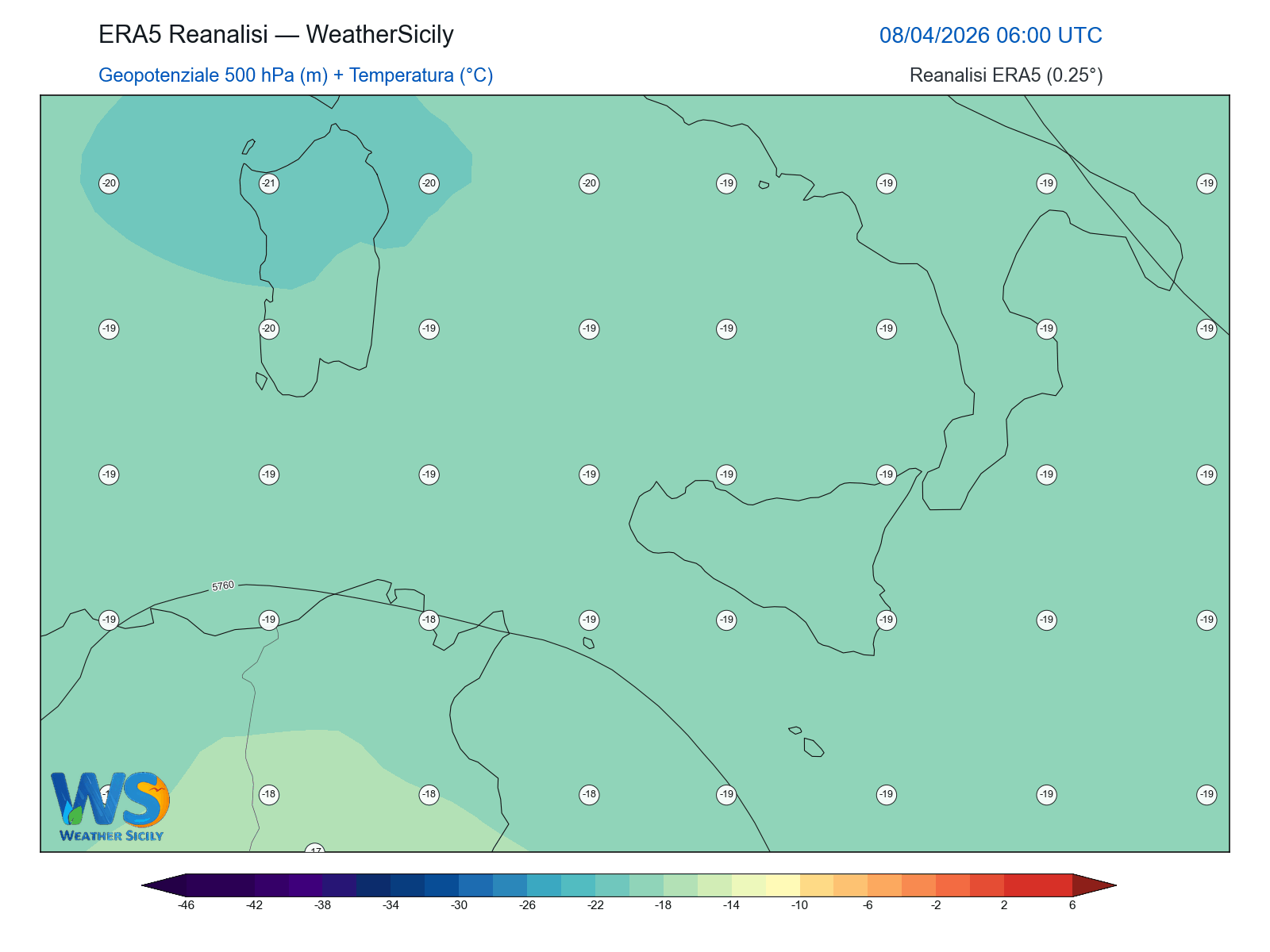 Geopotenziale 500 hPa + Temperatura · 2026040806