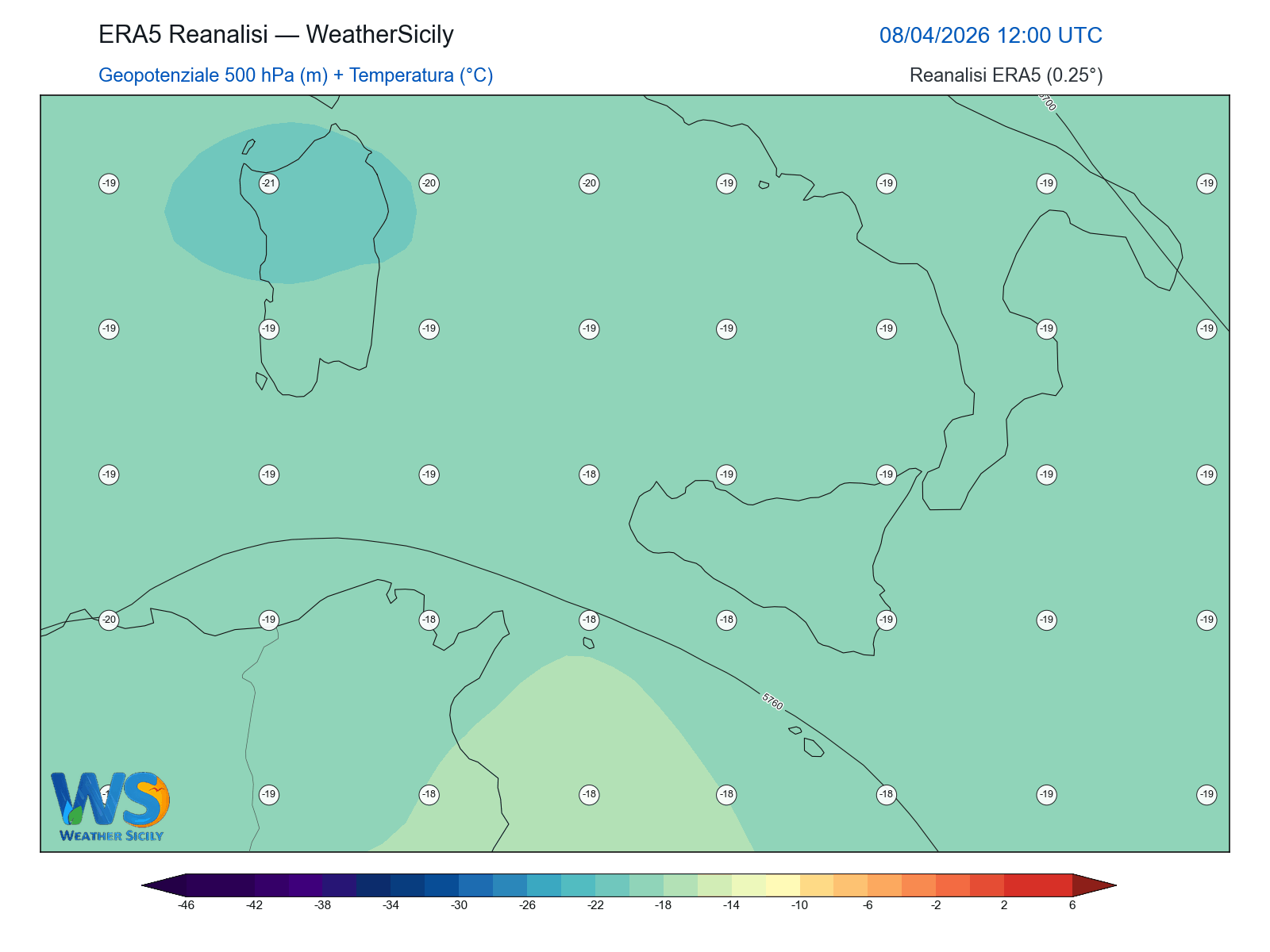 Geopotenziale 500 hPa + Temperatura · 2026040812