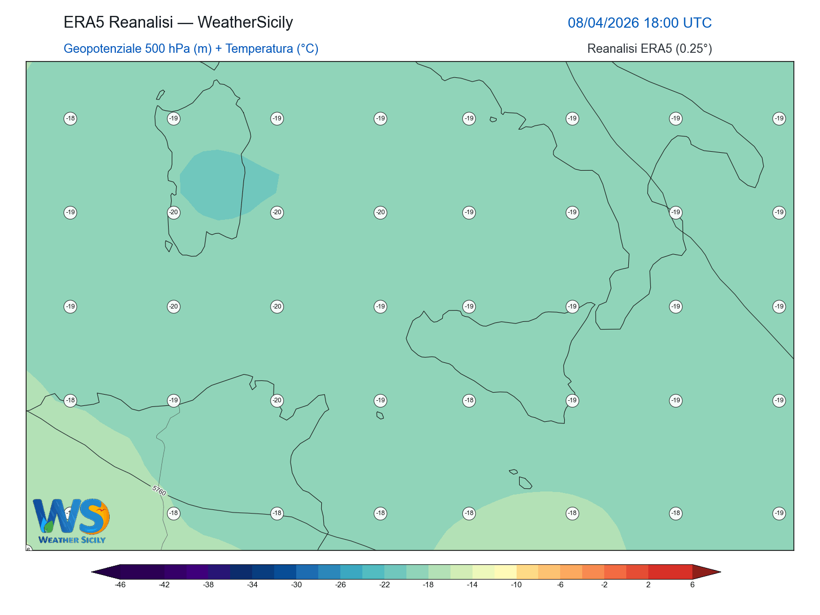 Geopotenziale 500 hPa + Temperatura · 2026040818