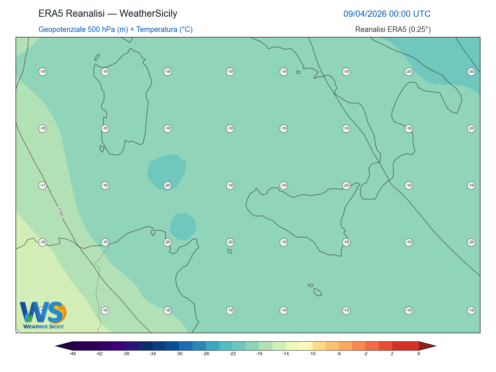 Geopotenziale 500 hPa + Temperatura · 2026040900