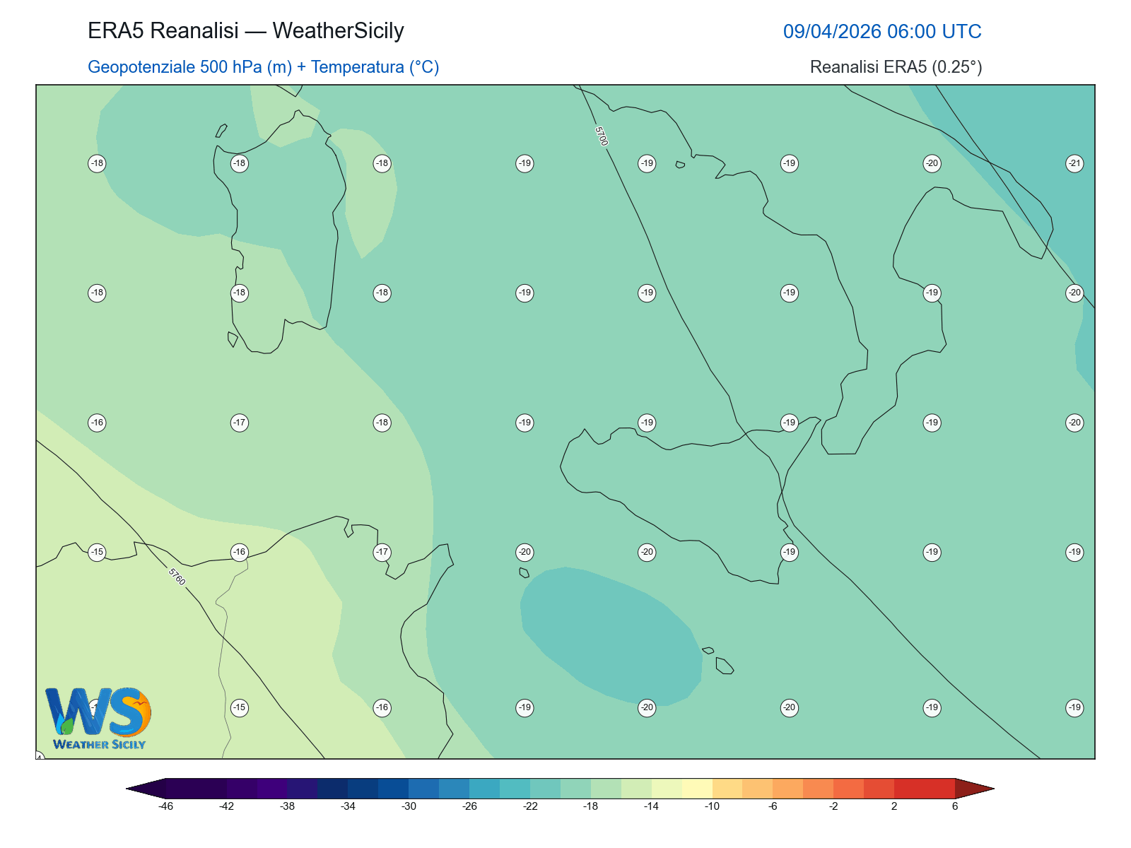Geopotenziale 500 hPa + Temperatura · 2026040906