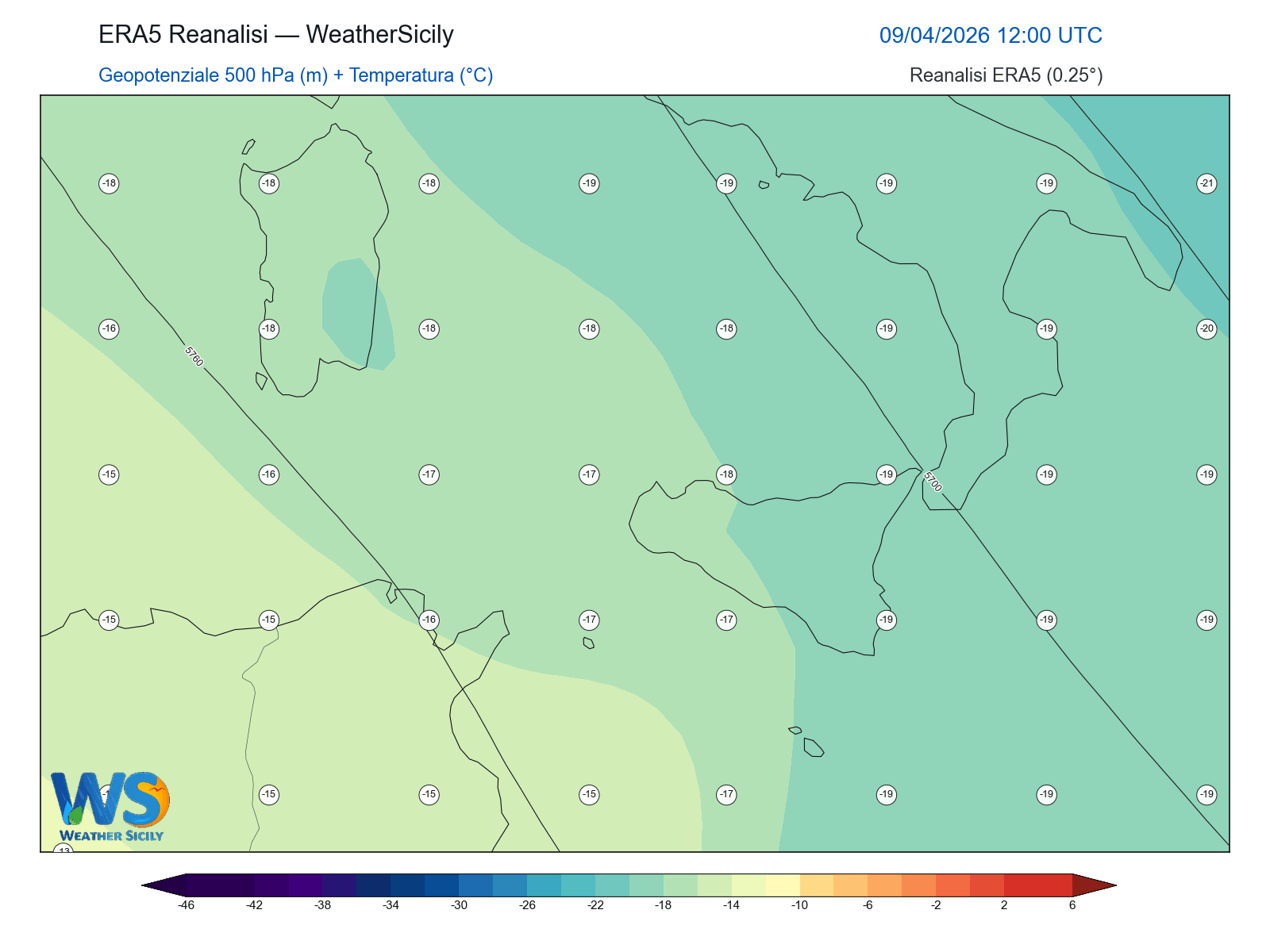 Geopotenziale 500 hPa + Temperatura · 2026040912