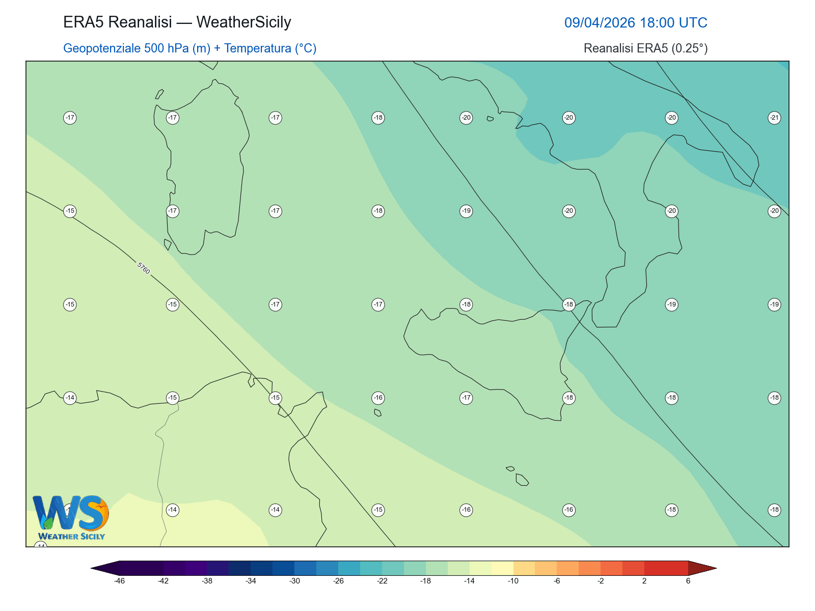 Geopotenziale 500 hPa + Temperatura · 2026040918