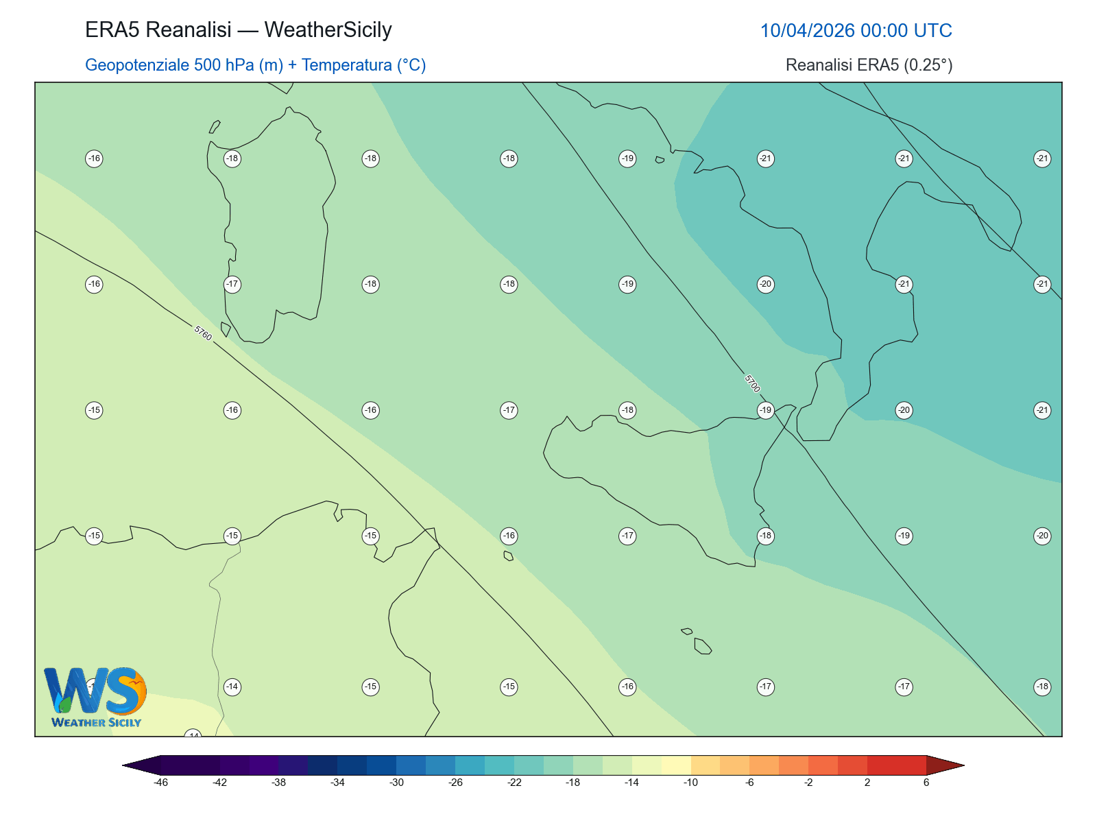 Geopotenziale 500 hPa + Temperatura · 2026041000