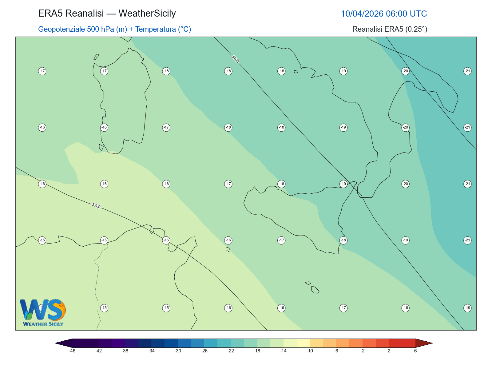Geopotenziale 500 hPa + Temperatura · 2026041006