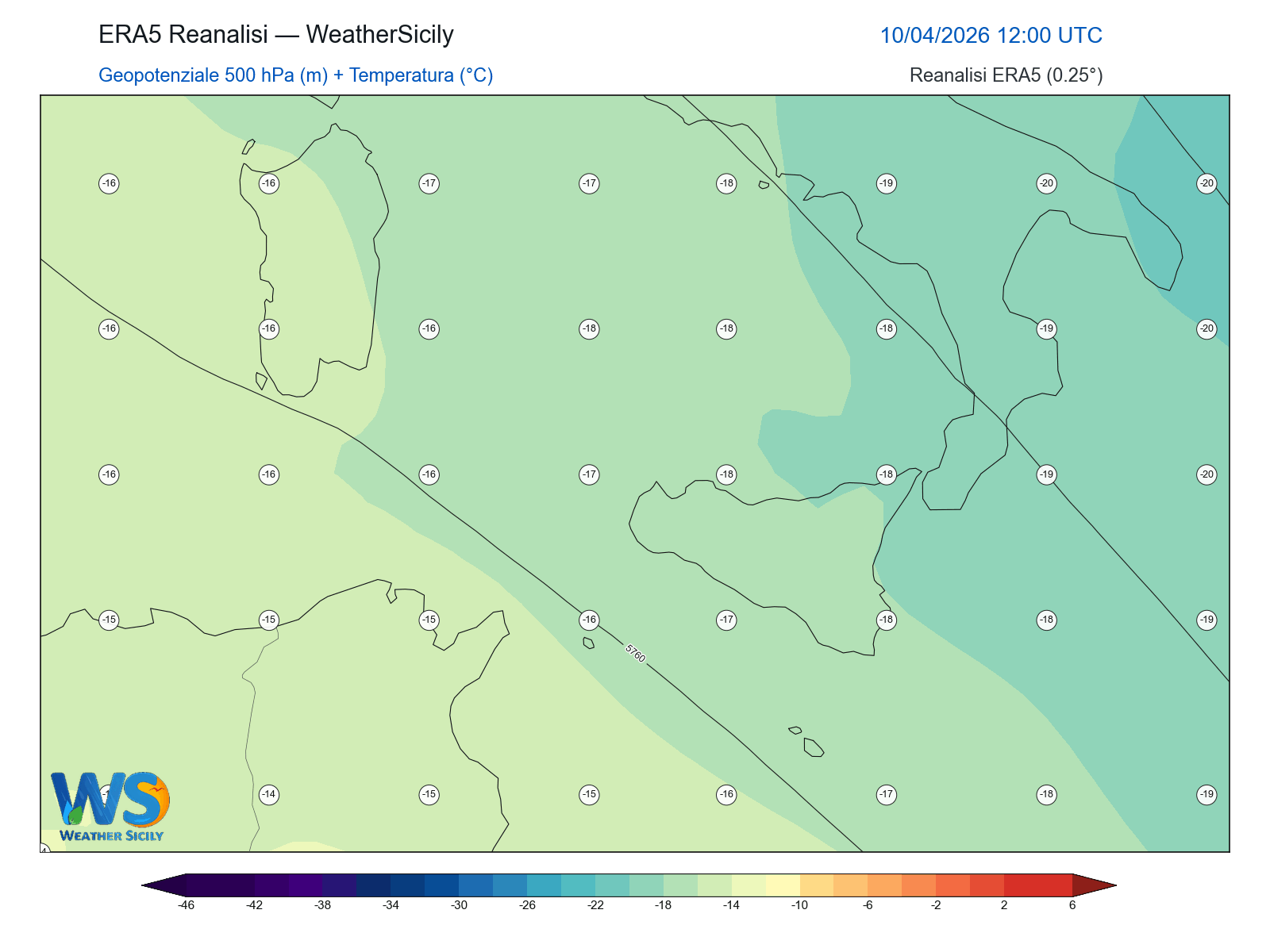 Geopotenziale 500 hPa + Temperatura · 2026041012