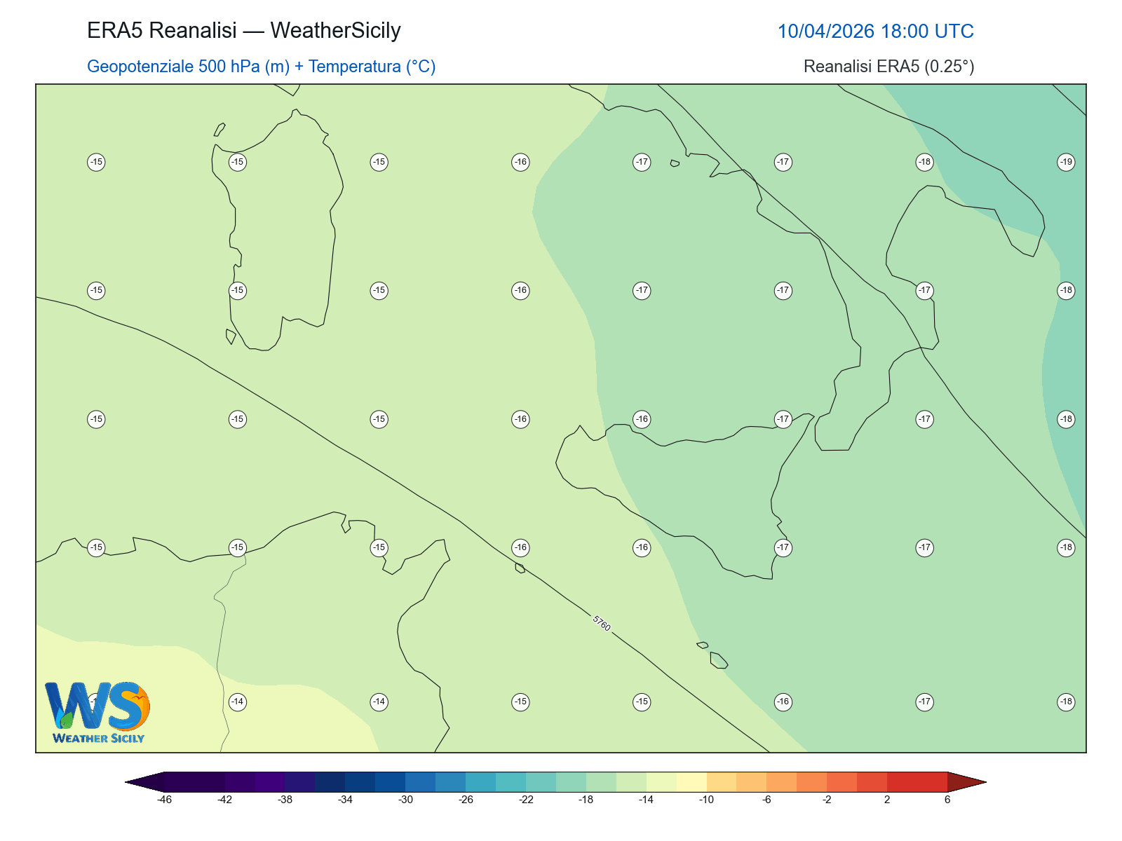 Geopotenziale 500 hPa + Temperatura · 2026041018
