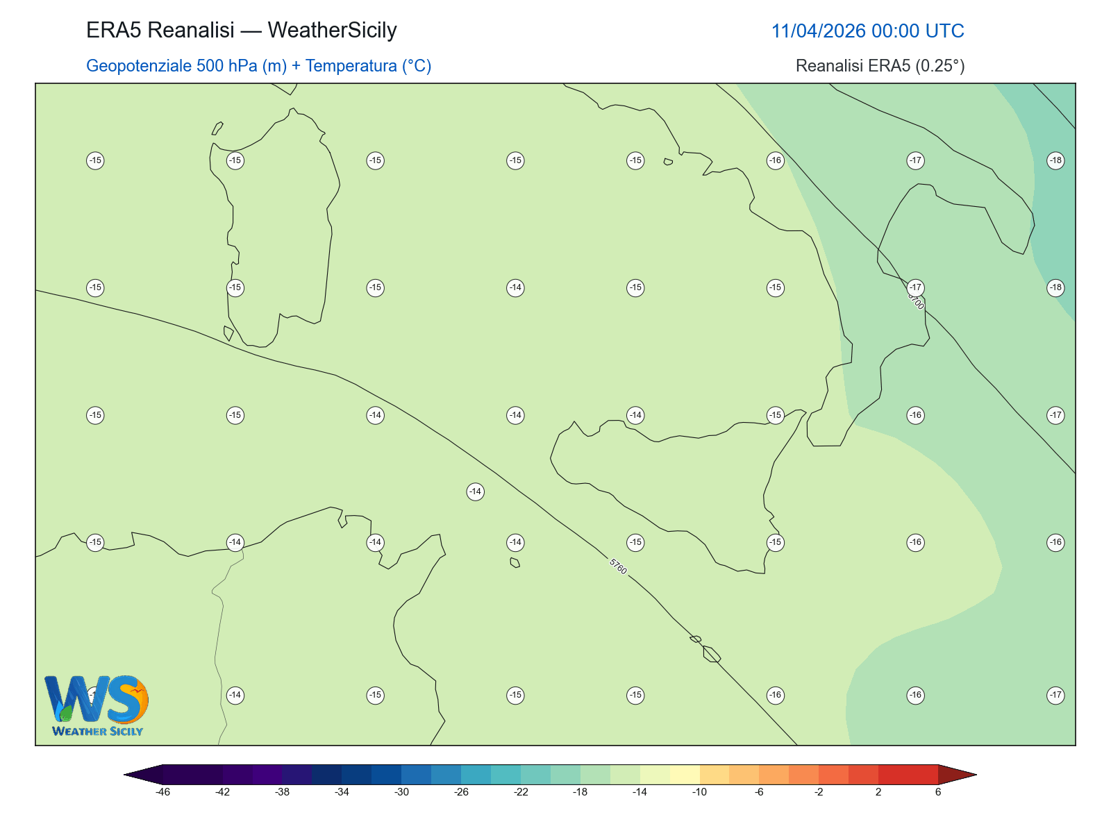 Geopotenziale 500 hPa + Temperatura · 2026041100