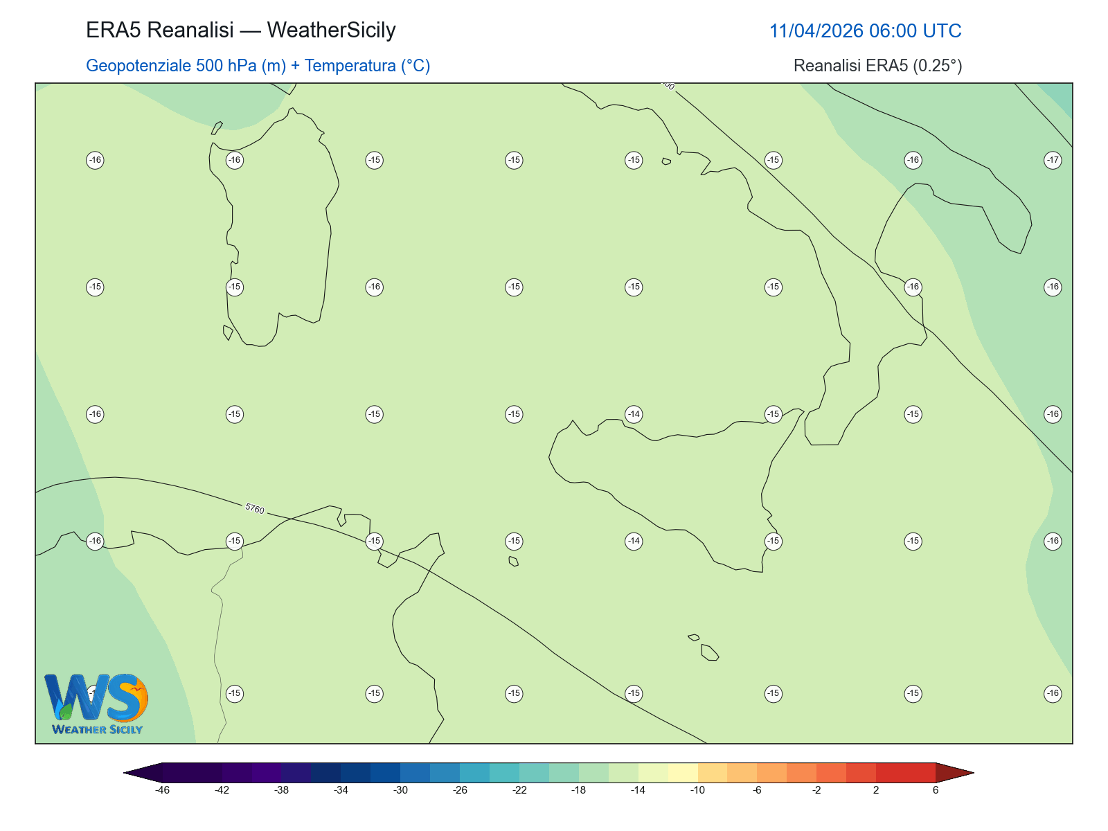 Geopotenziale 500 hPa + Temperatura · 2026041106