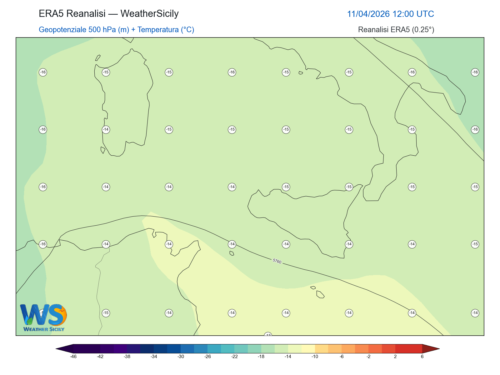 Geopotenziale 500 hPa + Temperatura · 2026041112