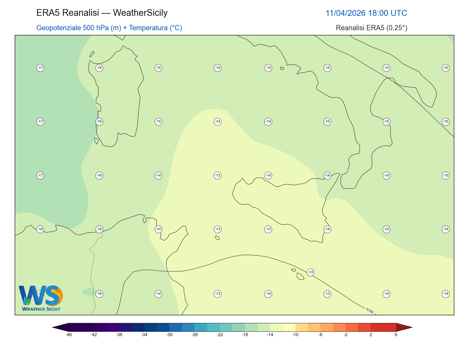Geopotenziale 500 hPa + Temperatura · 2026041118