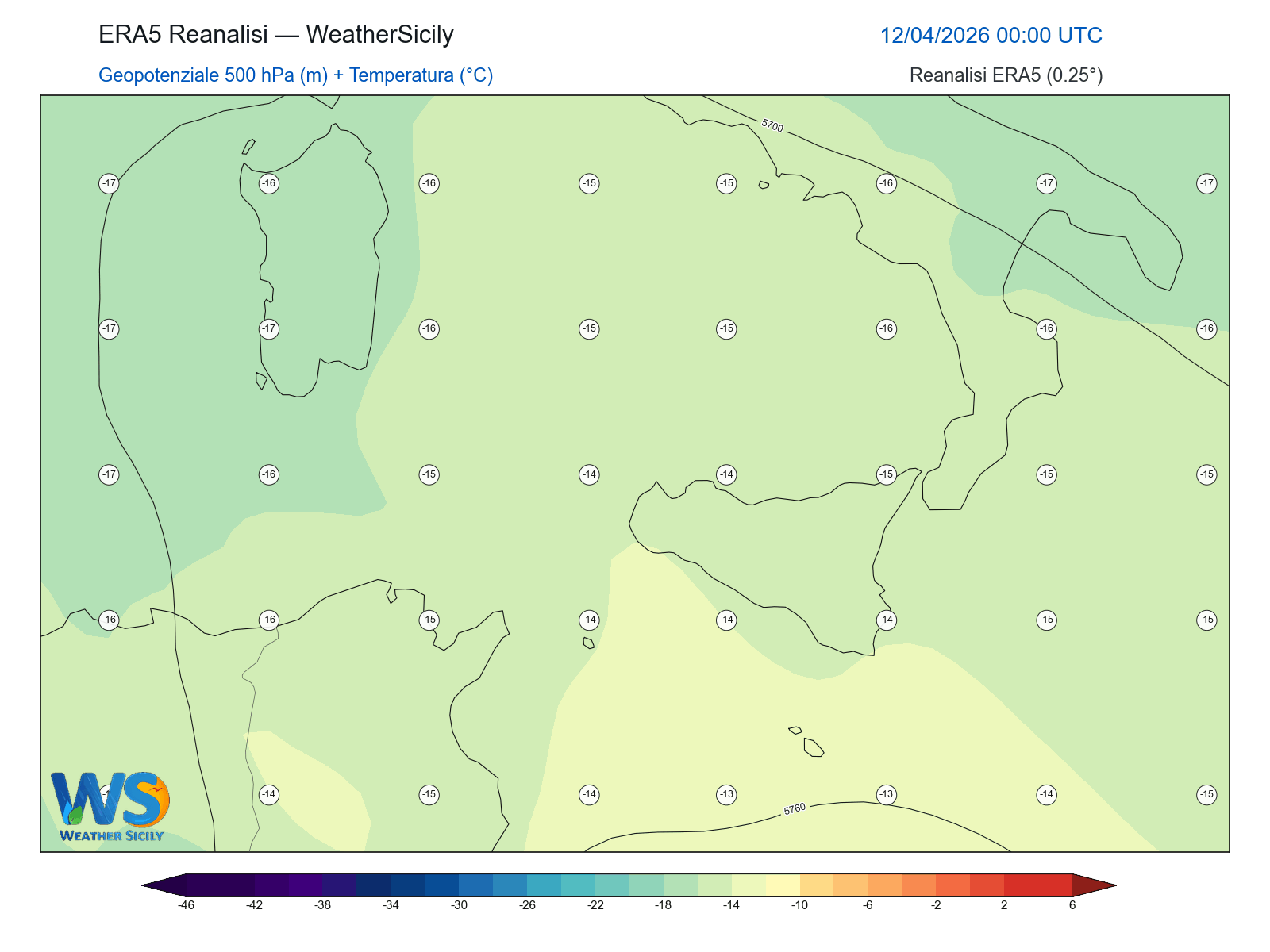 Geopotenziale 500 hPa + Temperatura · 2026041200