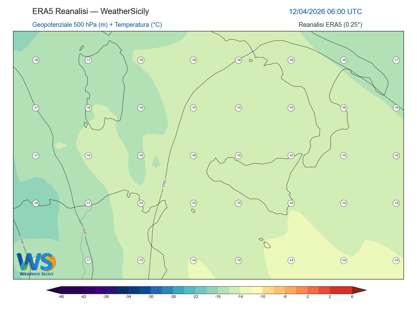 Geopotenziale 500 hPa + Temperatura · 2026041206