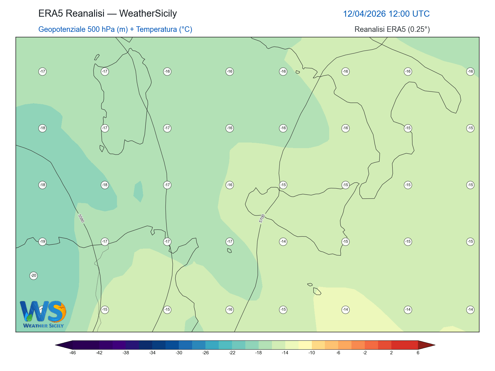 Geopotenziale 500 hPa + Temperatura · 2026041212