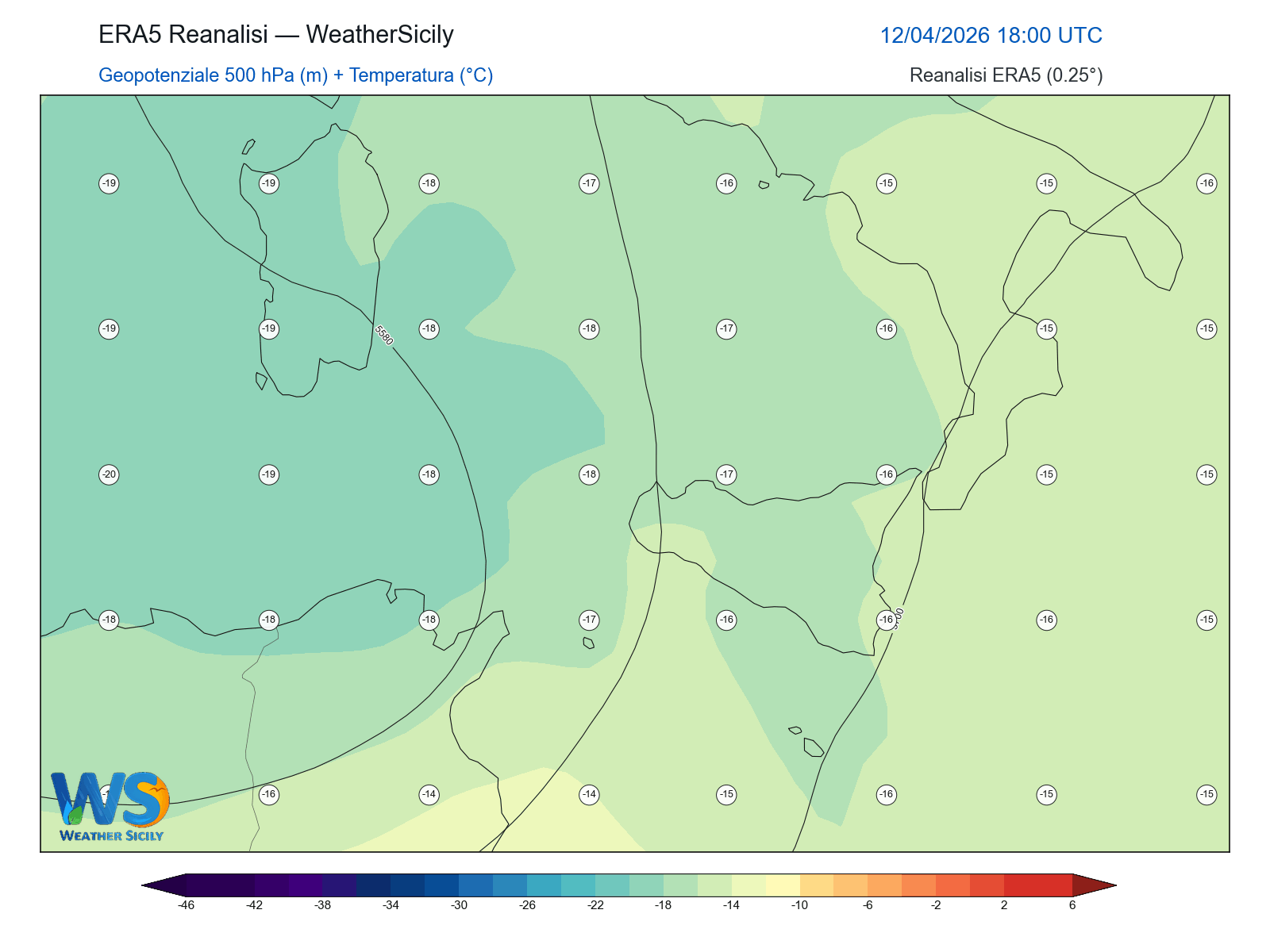Geopotenziale 500 hPa + Temperatura · 2026041218