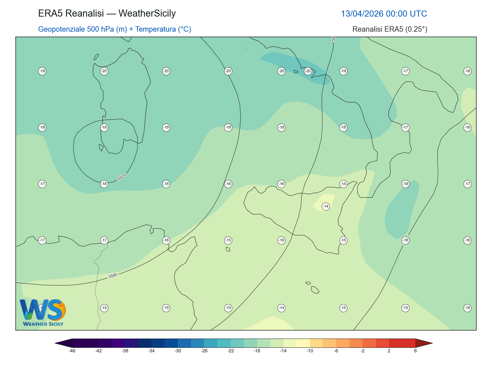 Geopotenziale 500 hPa + Temperatura · 2026041300