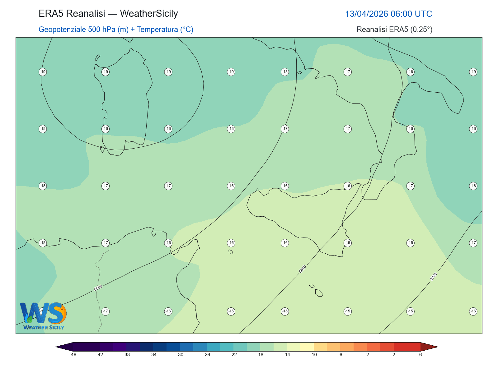 Geopotenziale 500 hPa + Temperatura · 2026041306