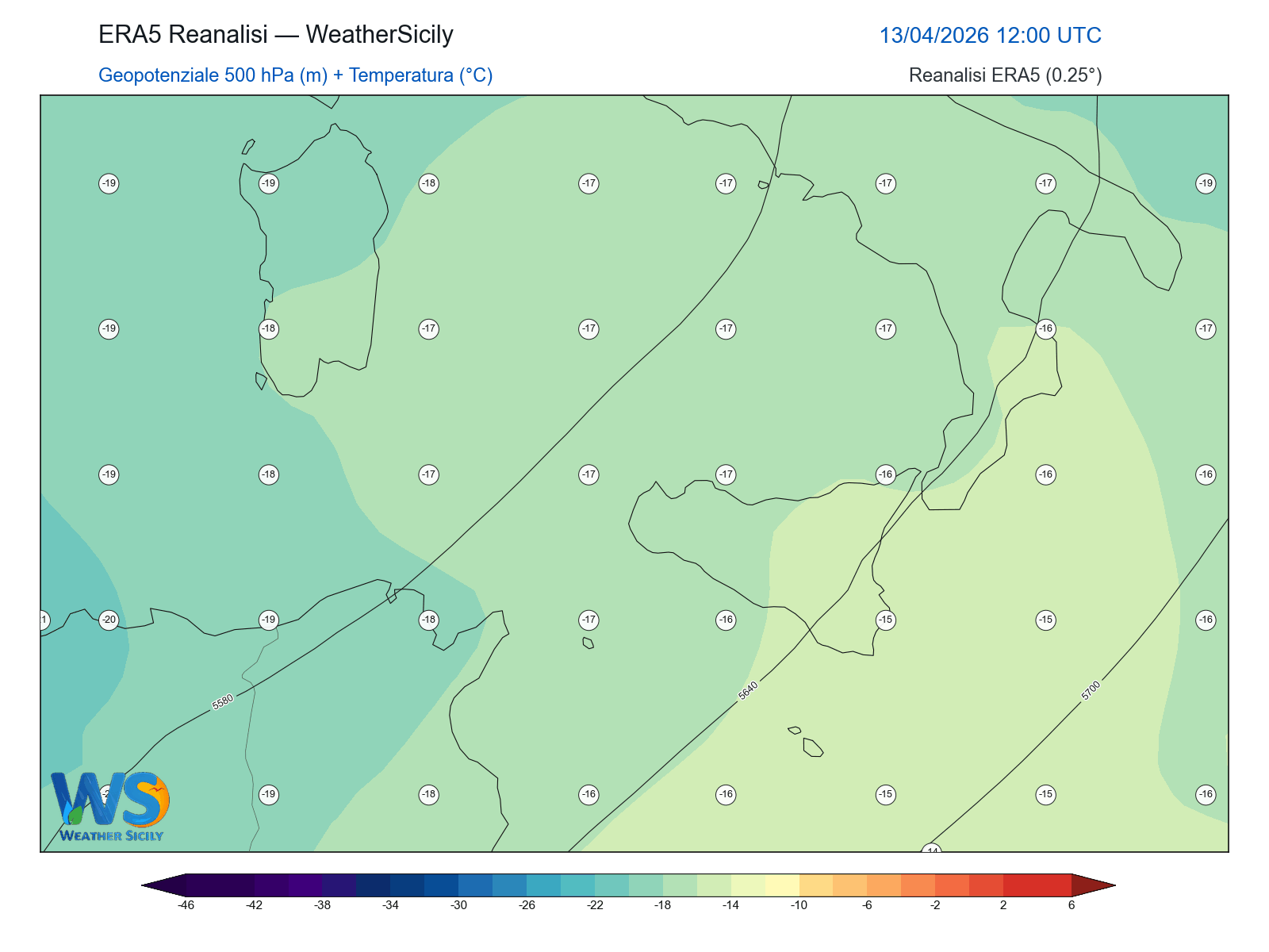 Geopotenziale 500 hPa + Temperatura · 2026041312