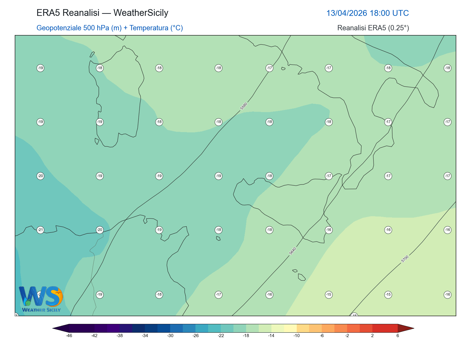 Geopotenziale 500 hPa + Temperatura · 2026041318