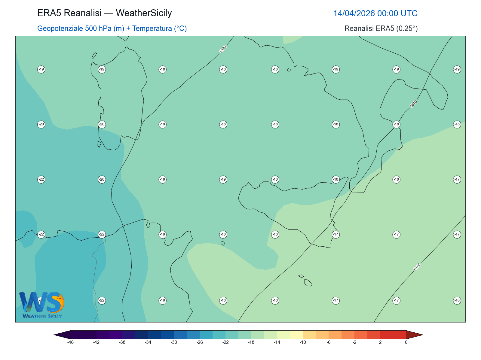 Geopotenziale 500 hPa + Temperatura · 2026041400