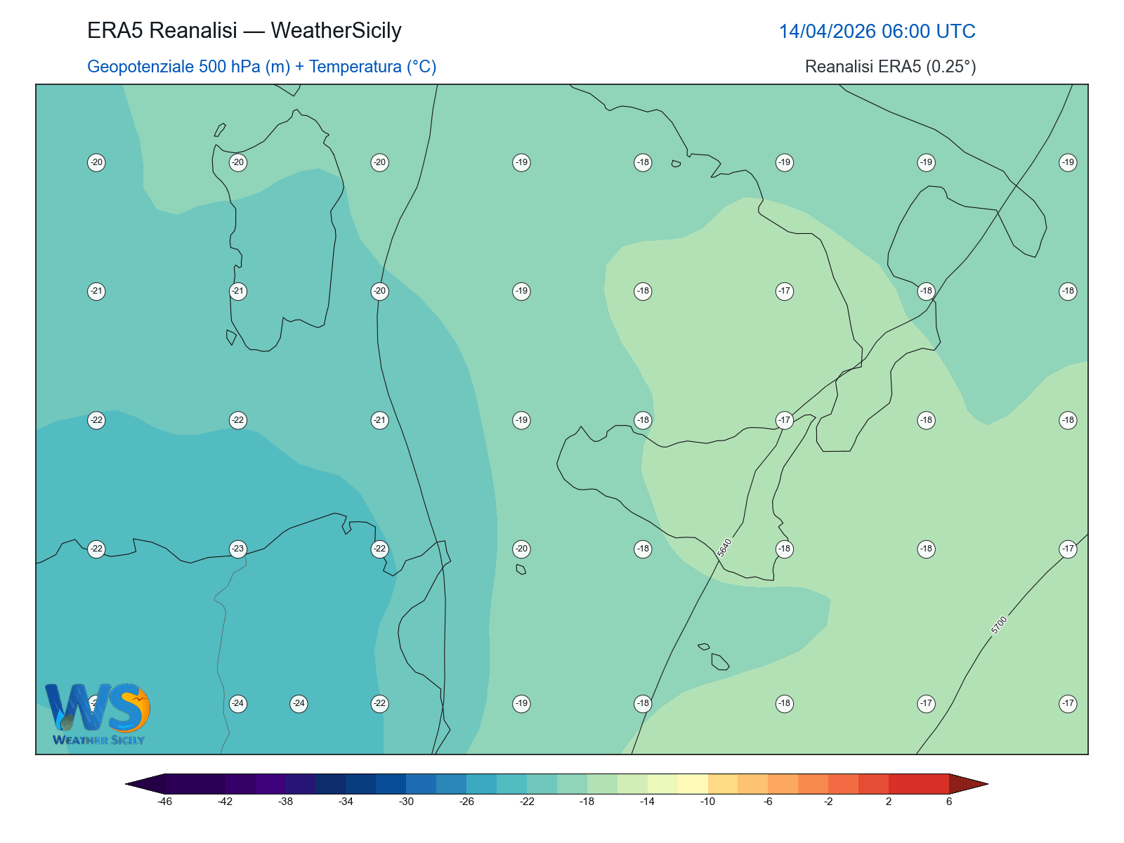 Geopotenziale 500 hPa + Temperatura · 2026041406