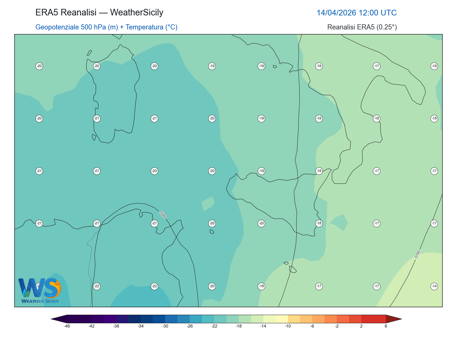 Geopotenziale 500 hPa + Temperatura · 2026041412