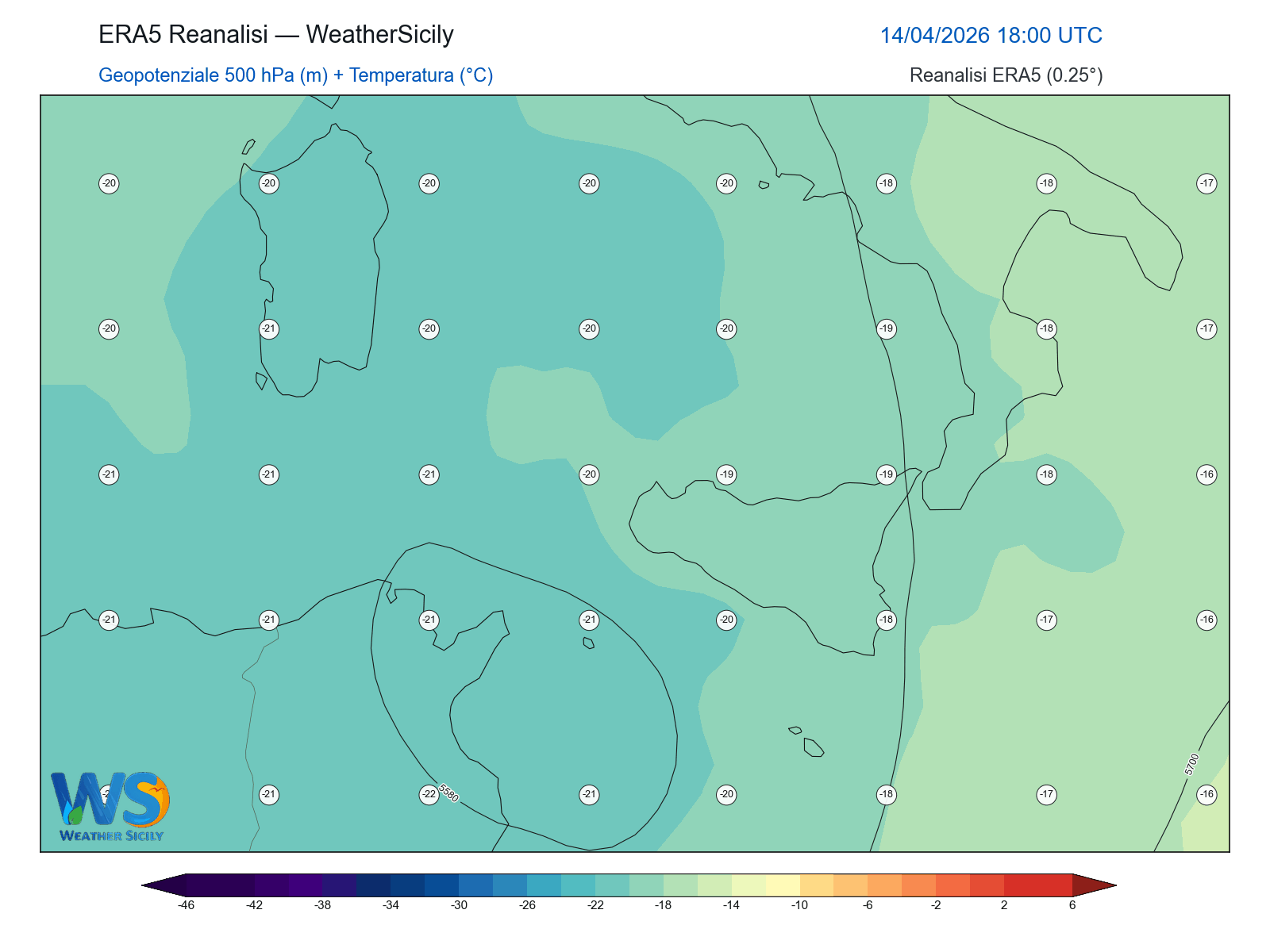 Geopotenziale 500 hPa + Temperatura · 2026041418