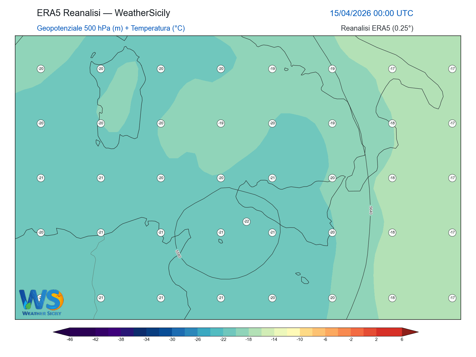 Geopotenziale 500 hPa + Temperatura · 2026041500