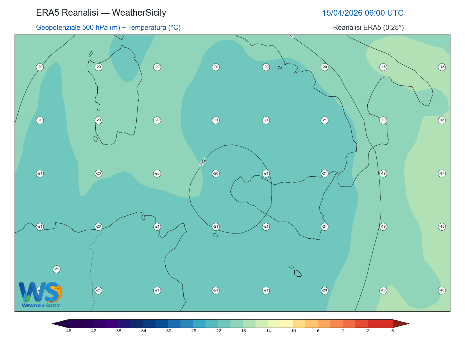 Geopotenziale 500 hPa + Temperatura · 2026041506