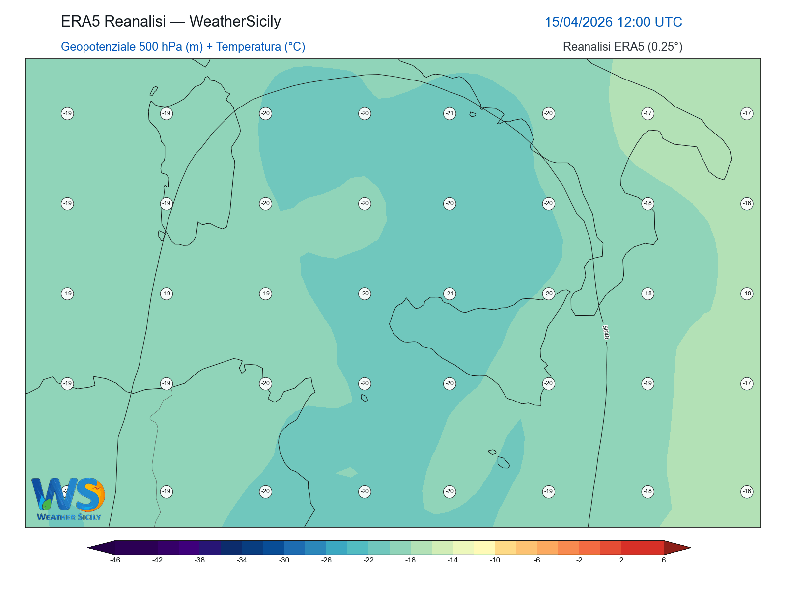 Geopotenziale 500 hPa + Temperatura · 2026041512