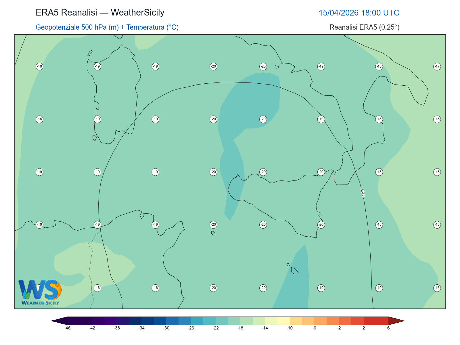 Geopotenziale 500 hPa + Temperatura · 2026041518