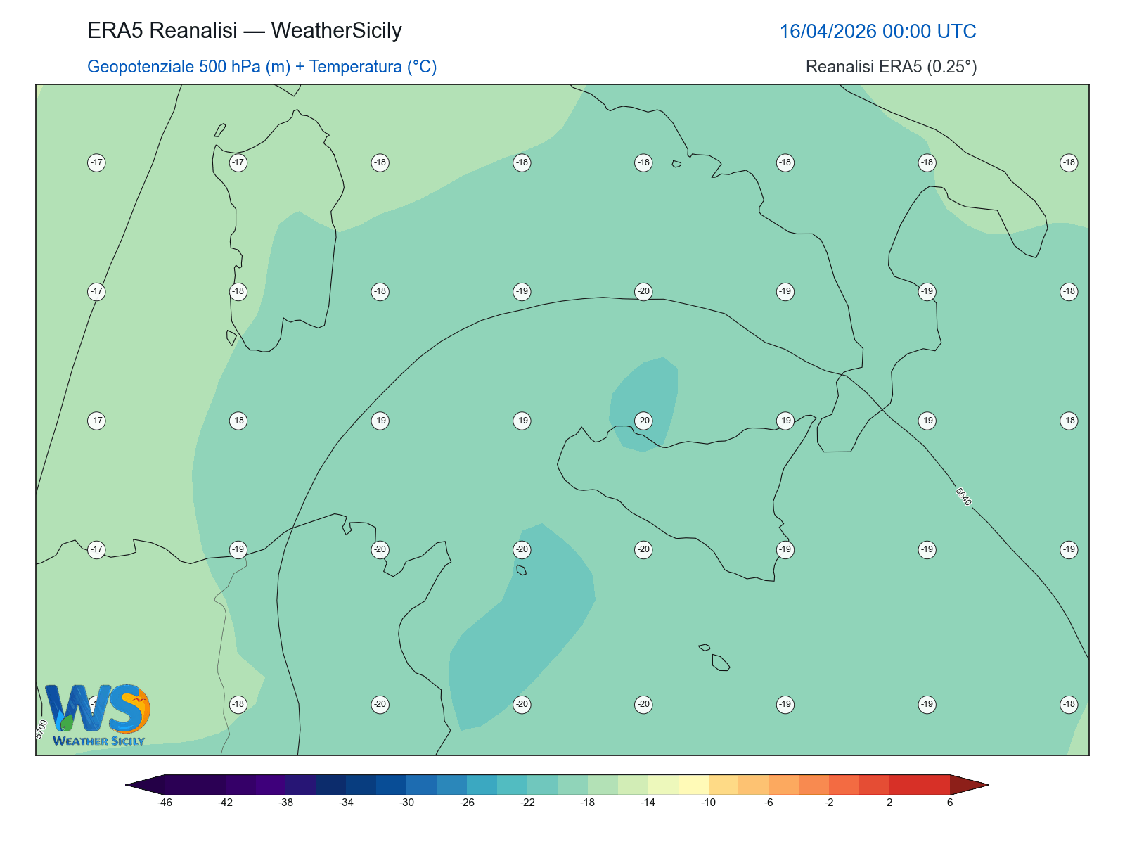 Geopotenziale 500 hPa + Temperatura · 2026041600